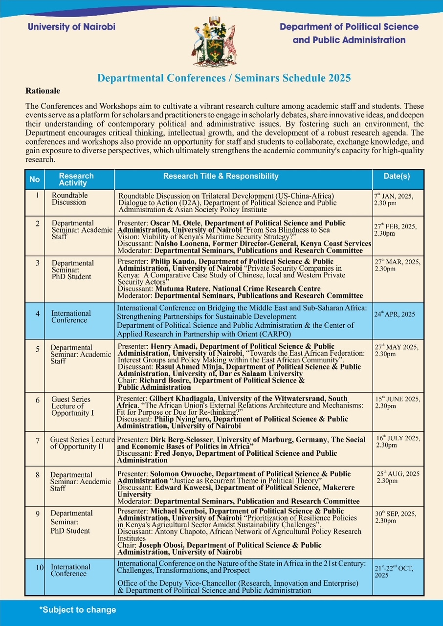 Schedule for Departmental Conferences, Seminars and Workshops for 2025.